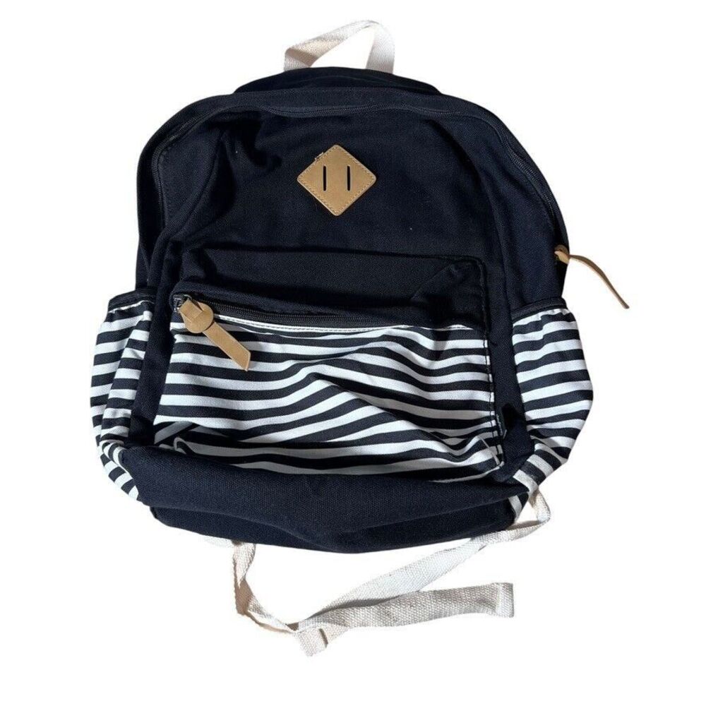 Absh Backpack Dome Canvas‎ Black White Striped Beach Preppy School Neutral Bag